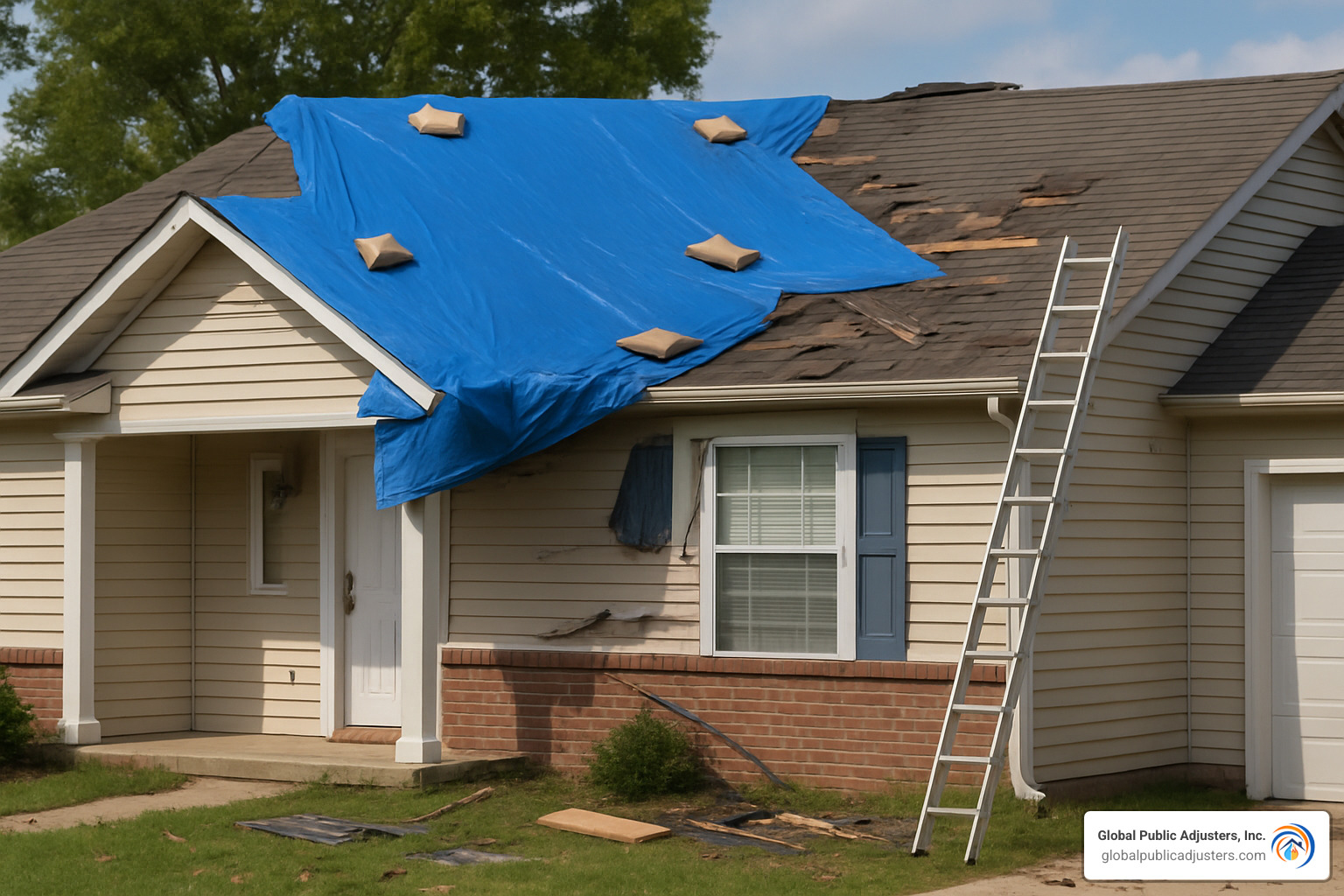 tarp covering damaged roof during emergency mitigation - property damage claims resolution