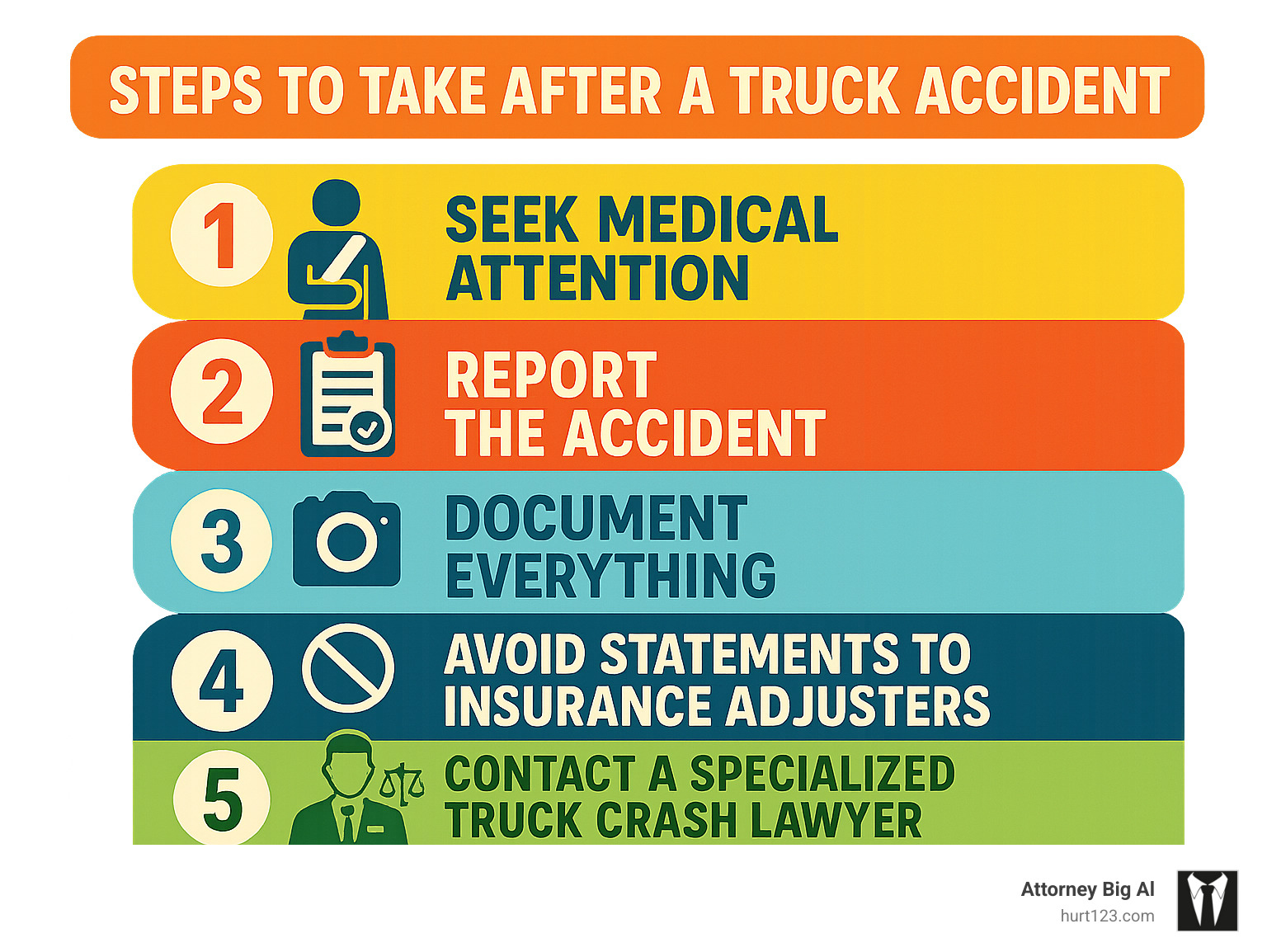 Infographic showing the 5 steps to take after a truck accident: 1) Seek medical attention, 2) Report the accident, 3) Document everything, 4) Avoid statements to insurance adjusters, 5) Contact a specialized truck crash lawyer - truck crash lawyers infographic