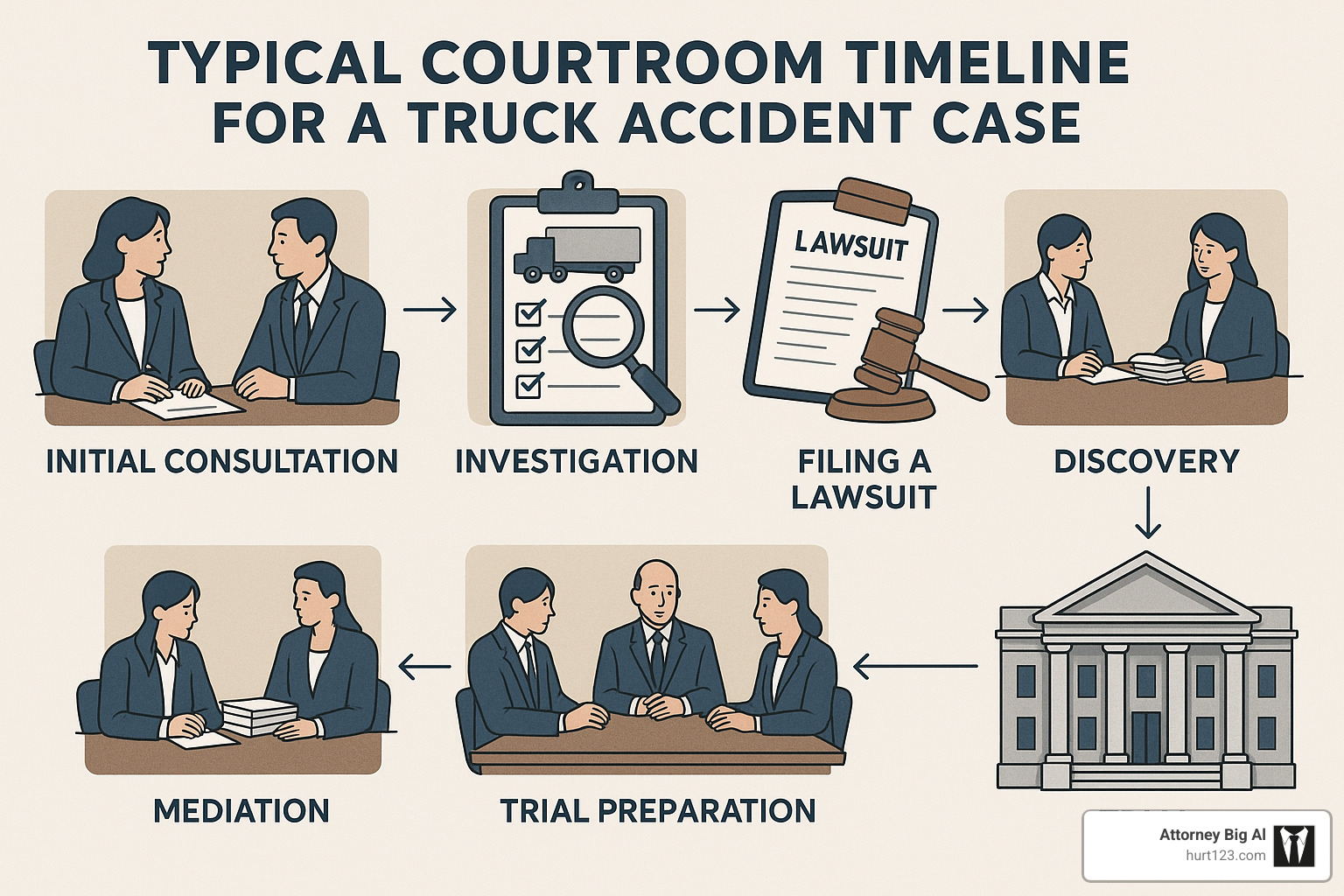 Courtroom timeline for truck accident cases - truck crash lawyers