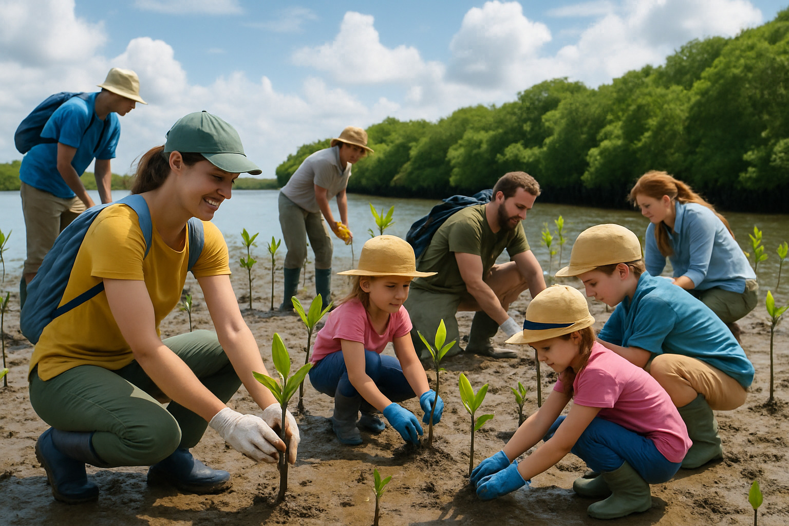 Travelers planting mangrove trees as part of a carbon offset project - Carbon-neutral travel companies