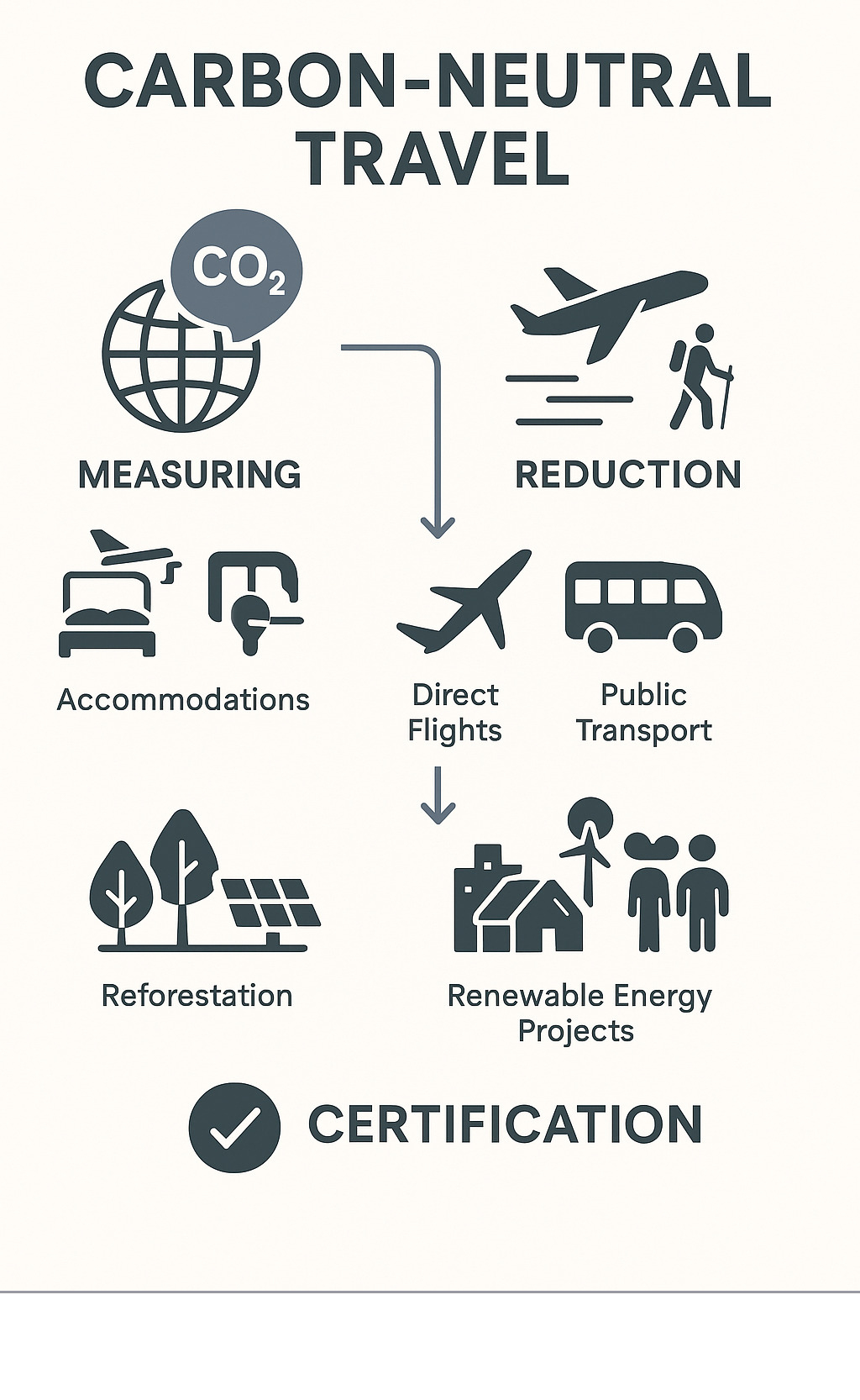 Carbon neutral travel infographic showing the process of measuring travel emissions (flights, accommodations, activities), reduction strategies (direct flights, public transport, eco-hotels), and offsetting methods (reforestation, renewable energy projects, community initiatives) with certification standards and verification processes - Carbon-neutral travel companies infographic 