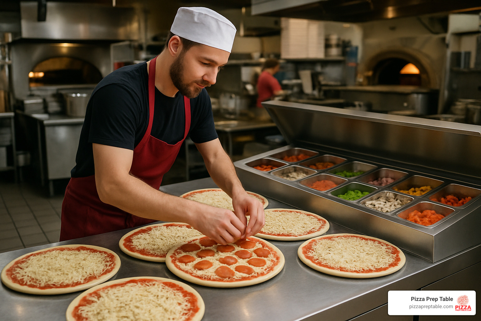 Pizza chef assembling multiple pizzas at a 2 door prep table with organized ingredients in the rail - 2 door pizza prep fridge