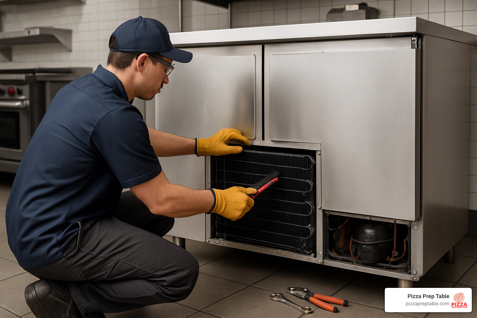 Technician cleaning condenser coils on a pizza prep fridge during routine maintenance - 2 door pizza prep fridge