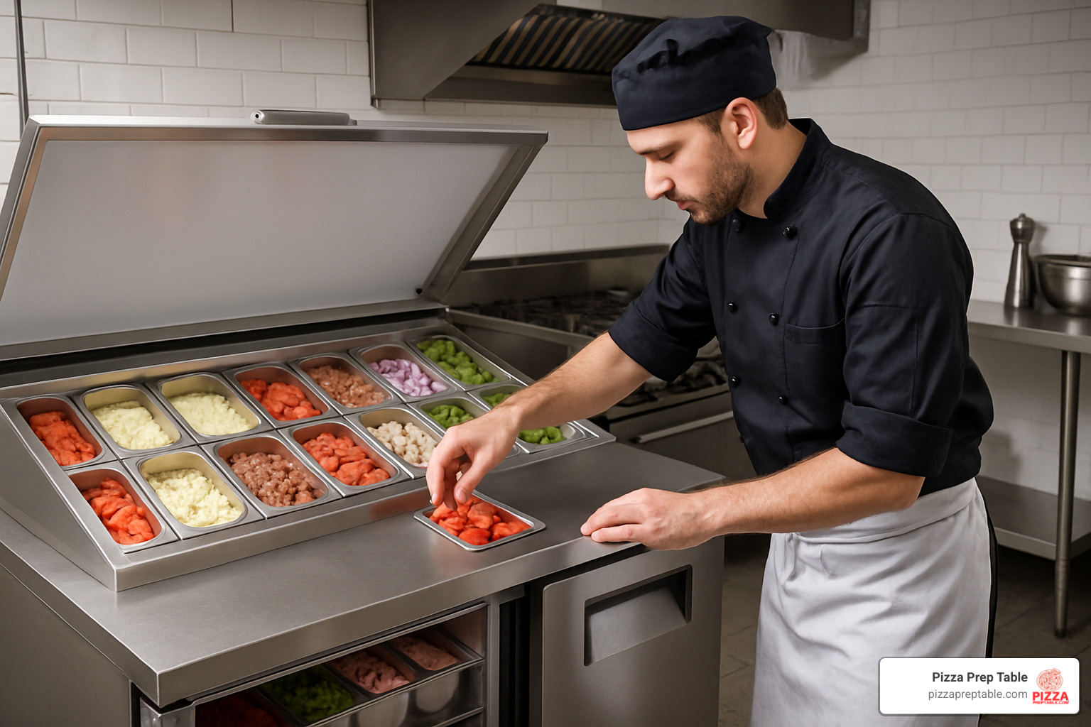 Chef organizing ingredients in the rail of a pizza prep fridge showing proper mise en place - 2 door pizza prep fridge