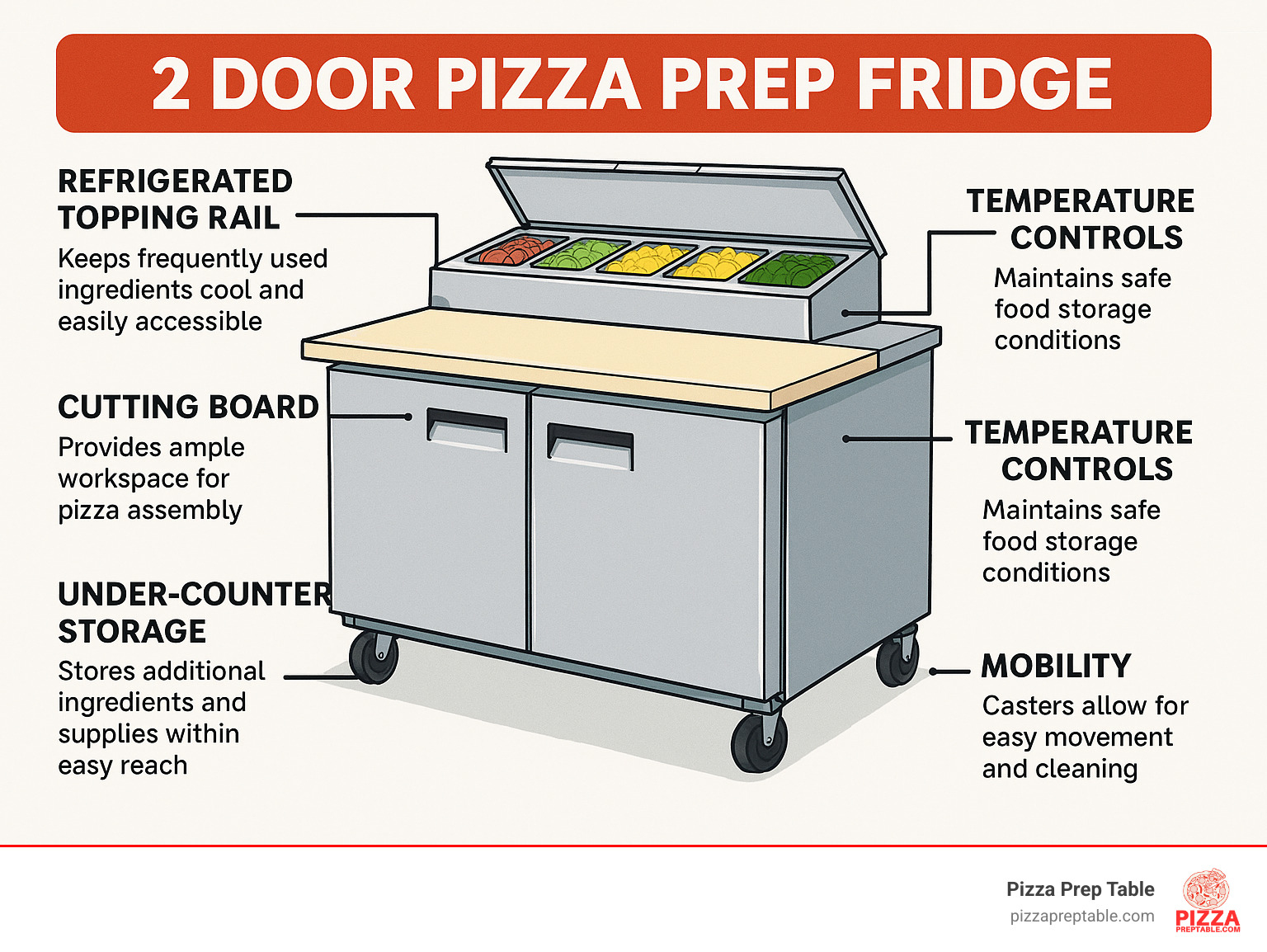 Detailed diagram of a 2-door pizza prep fridge showing the refrigerated topping rail, cutting board, under-counter storage, temperature controls, and mobility features with annotations explaining how each component contributes to workflow efficiency - 2 door pizza prep fridge infographic 