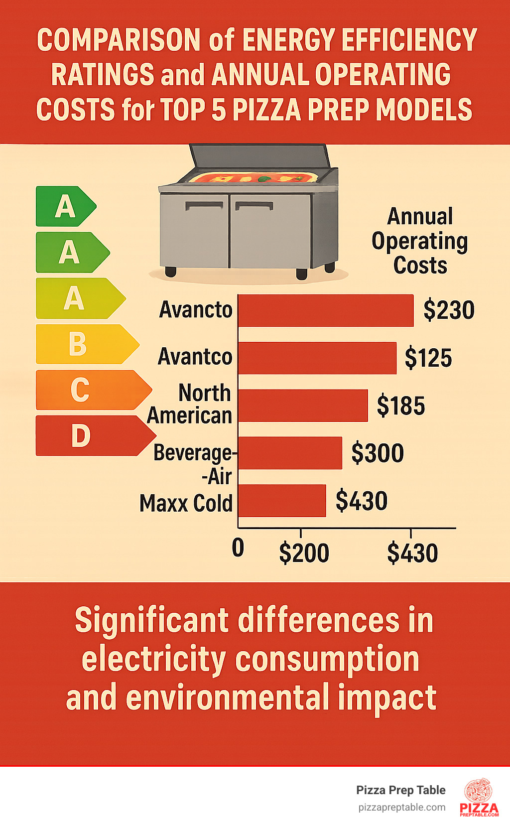 Comparison of energy efficiency ratings and annual operating costs for top 5 pizza prep fridge models showing significant differences in electricity consumption and environmental impact - 2 door pizza prep fridge infographic 