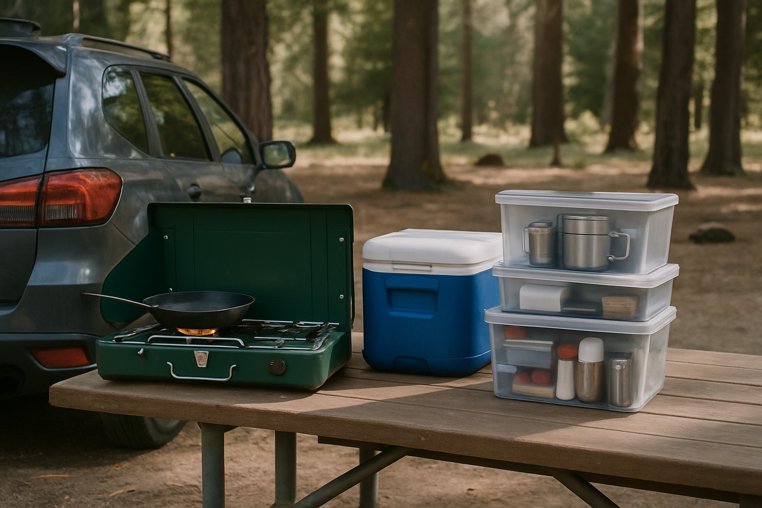 Compact camp kitchen setup with stove, cooler, and organized bins - automobile camping