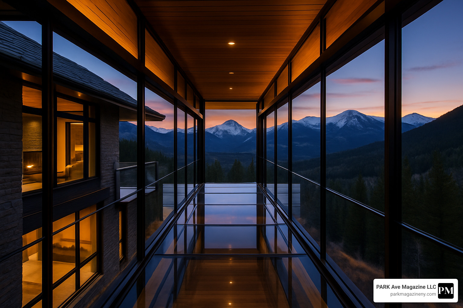 glass bridge hallway connecting two wings of a luxury mountain home - luxury mountain homes glass bridge hallway connecting two wings of a luxury mountain home - luxury mountain homes