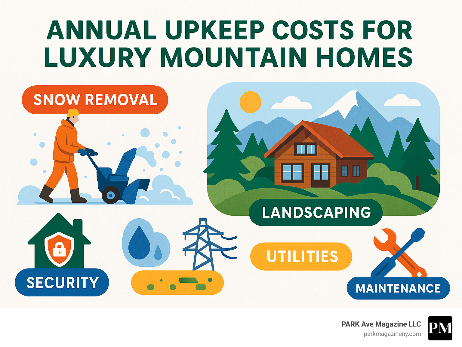 Infographic detailing annual upkeep costs for luxury mountain homes, including snow removal, landscaping, security, utilities, and maintenance - luxury mountain homes infographic Infographic detailing annual upkeep costs for luxury mountain homes, including snow removal, landscaping, security, utilities, and maintenance - luxury mountain homes infographic