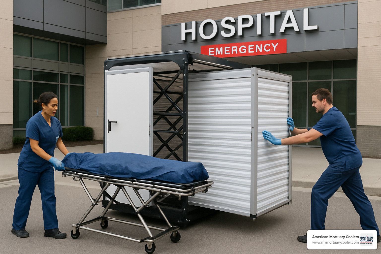 portable pop-up mortuary storage unit being deployed - mortuary body storage
