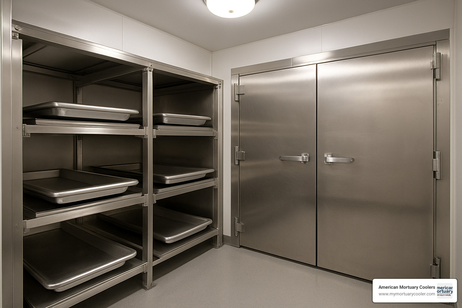 mortuary refrigeration chamber showing interior storage racks - mortuary body storage
