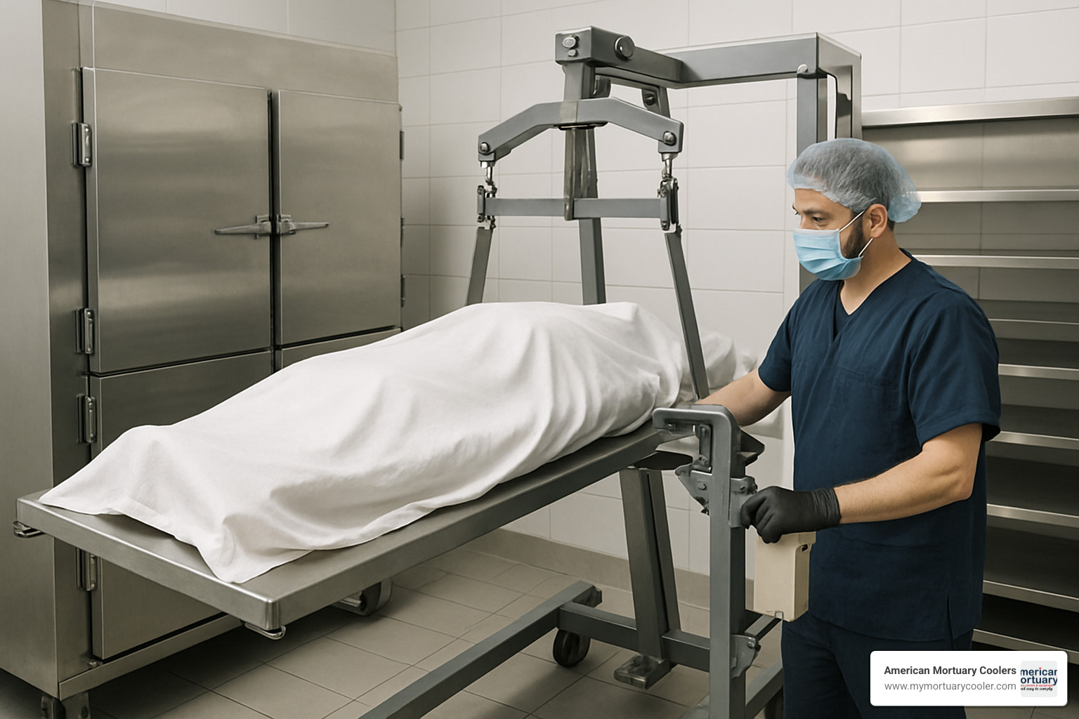 mortuary body lift device in use - mortuary body storage