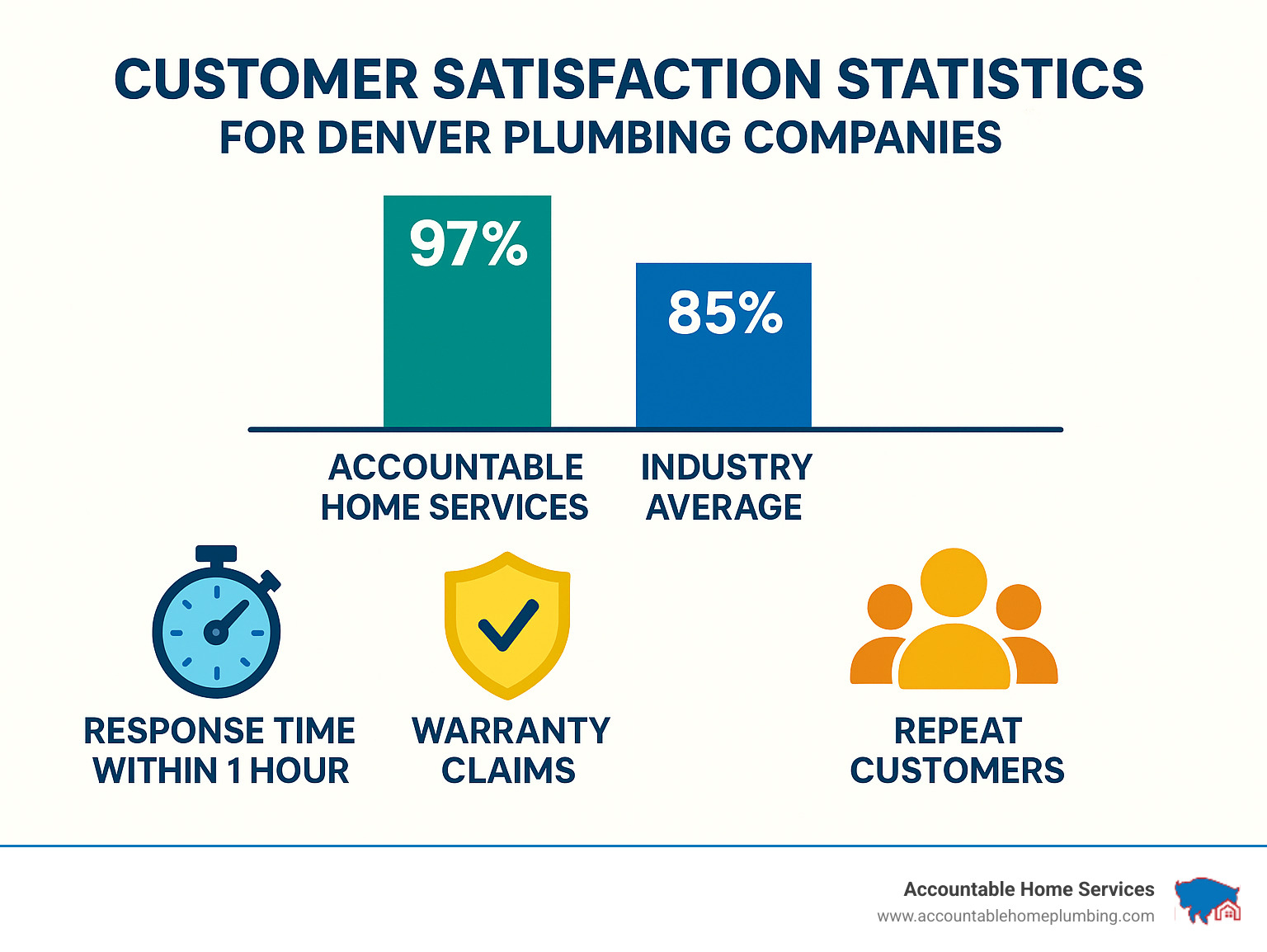 customer satisfaction statistics for Denver plumbing companies showing Accountable Home Services with 97% customer satisfaction rate compared to industry average of 85%, along with response times, warranty claims, and repeat customer metrics - Quality plumbing Denver infographic 