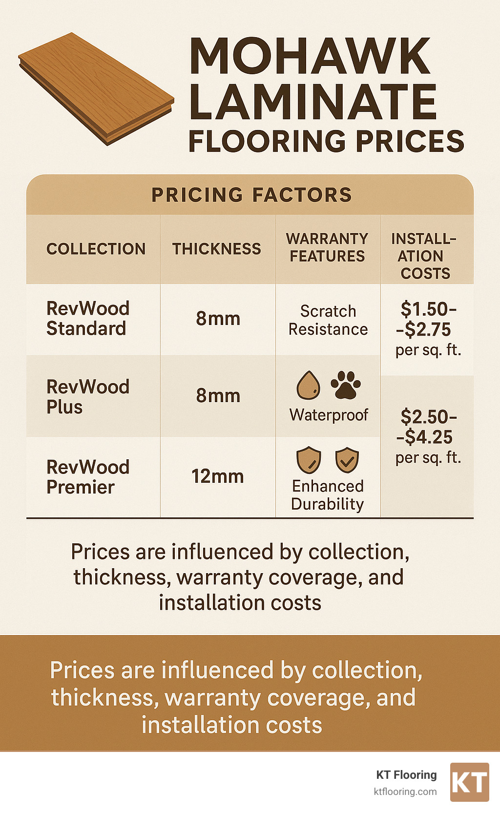 Detailed breakdown of Mohawk RevWood pricing factors showing thickness, warranty features, and installation costs across Standard, Plus and Premier collections - mohawk laminate flooring prices infographic 