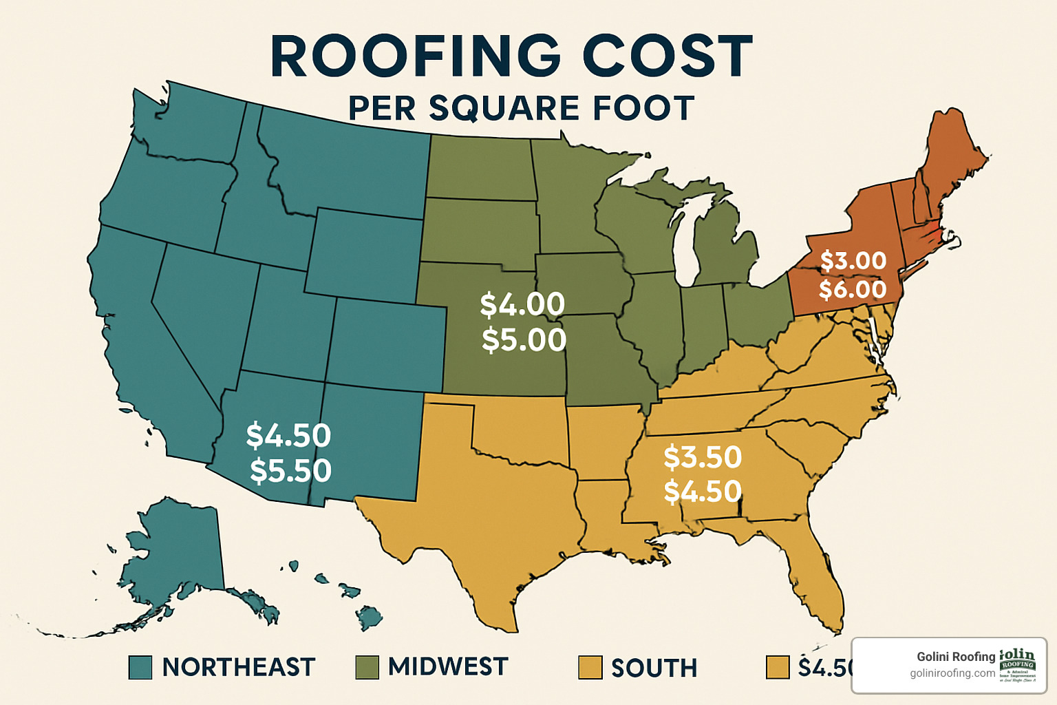 regional map showing roofing cost variations across the United States - cost of new roof per sq ft