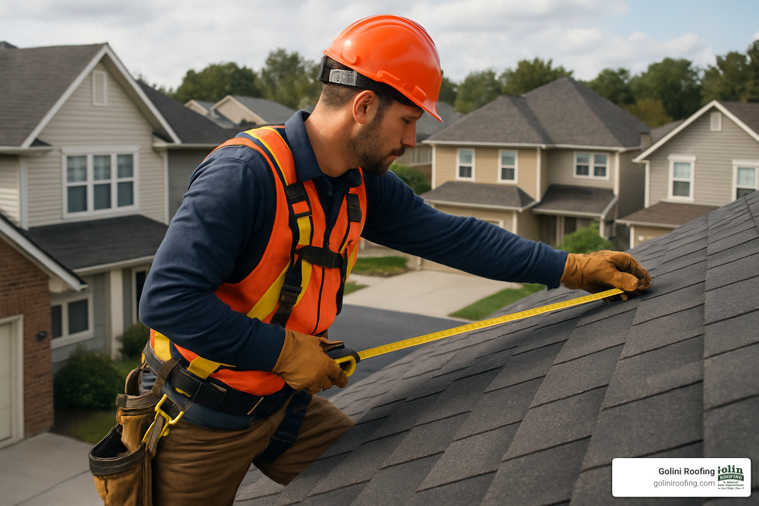 contractor measuring roof with tape measure - cost of new roof per sq ft