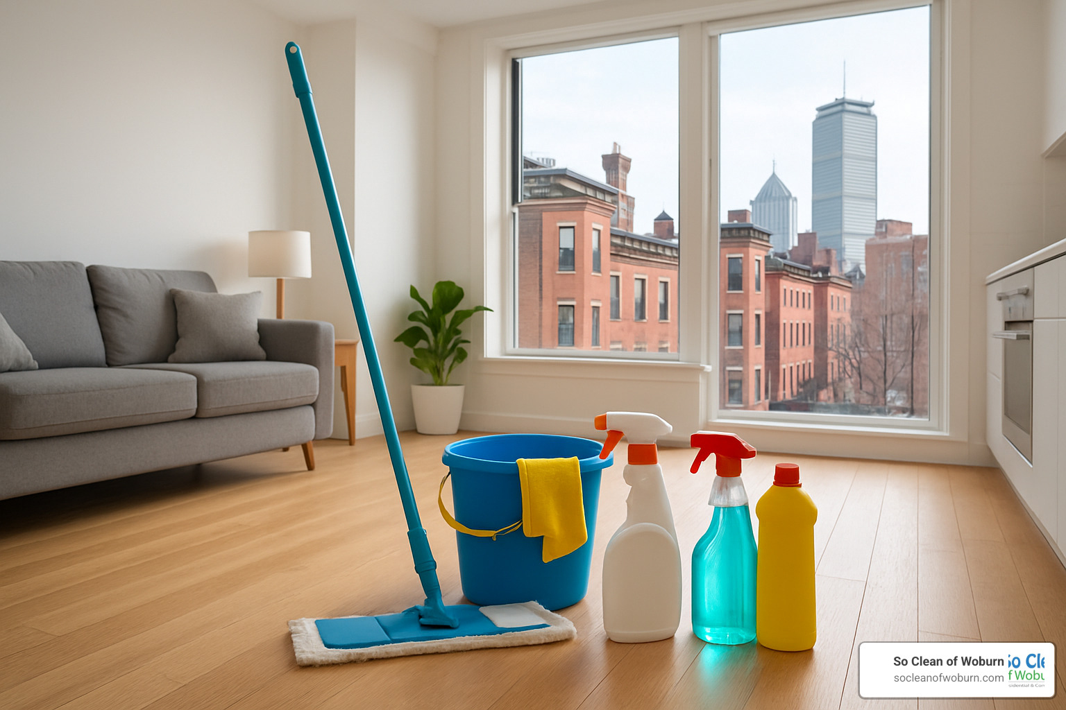 Boston apartment with cleaning supplies ready for service - boston apartment cleaning service