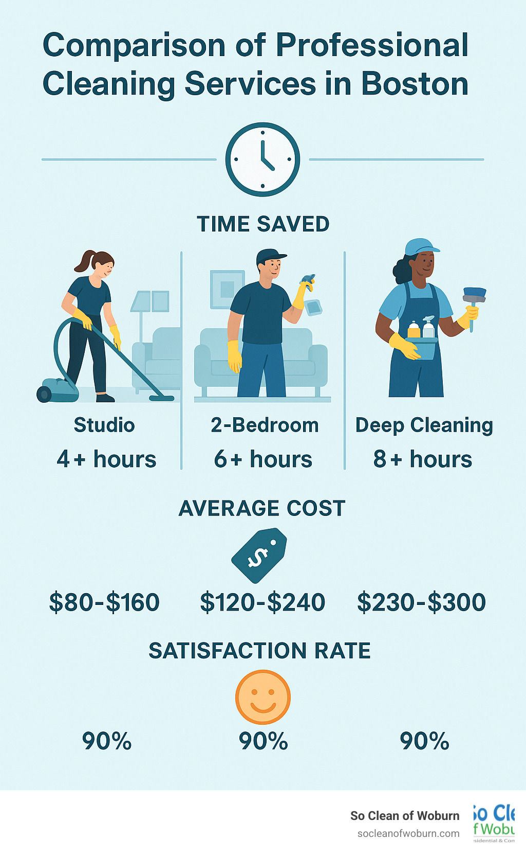 Comparison of professional cleaning services in Boston showing time saved, average costs, and satisfaction rates based on apartment size - boston apartment cleaning service infographic 