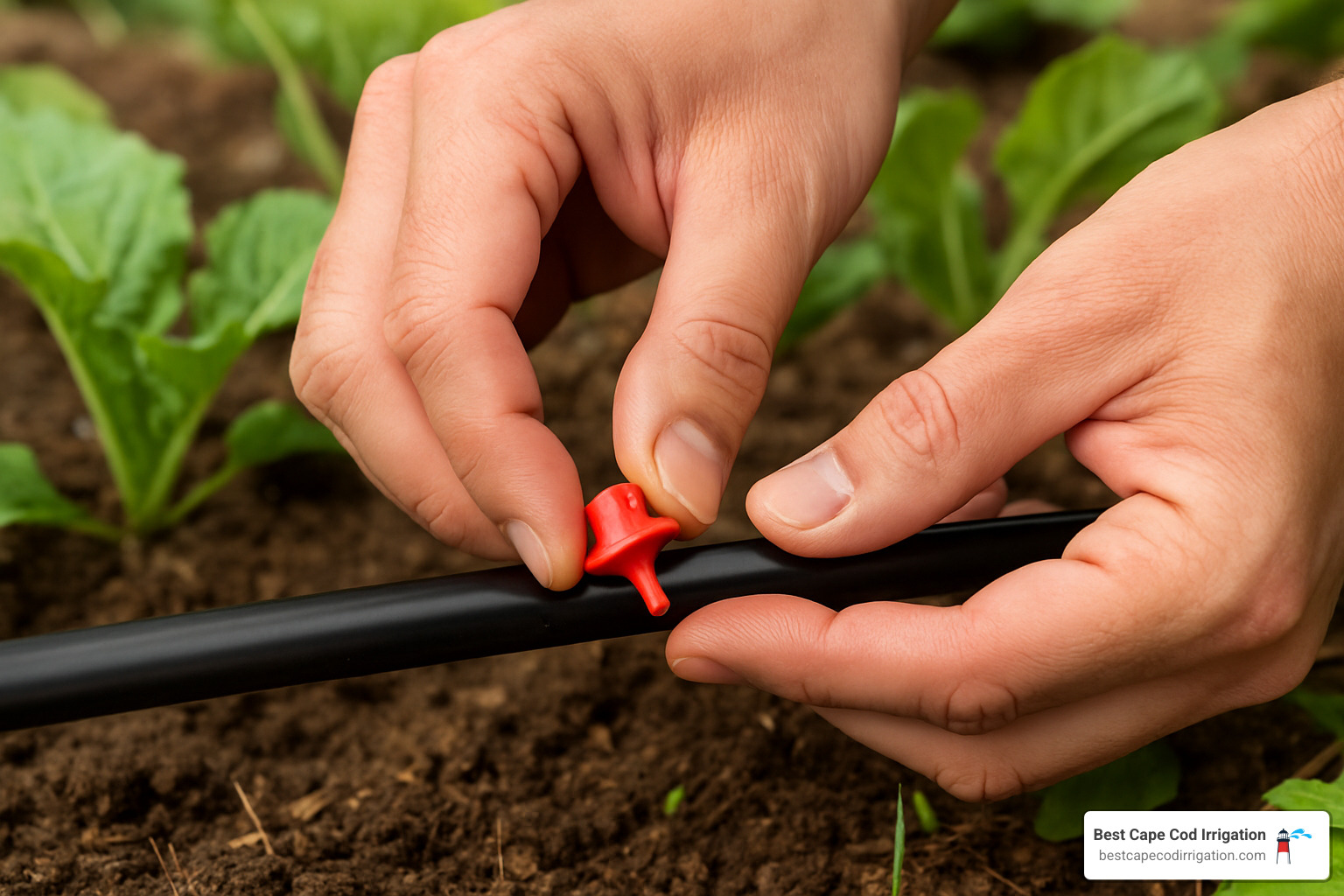 close-up of inserting emitter into drip line - drip pipe installation