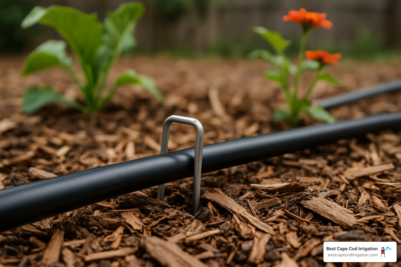 staking mainline tubing in garden bed with mulch - drip pipe installation