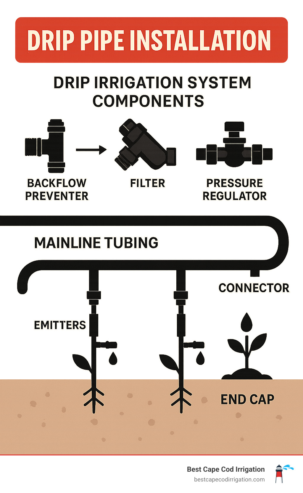 Diagram showing drip irrigation system components including backflow preventer, filter, pressure regulator, mainline tubing, connectors, emitters and end caps with water flow direction and installation sequence - drip pipe installation infographic