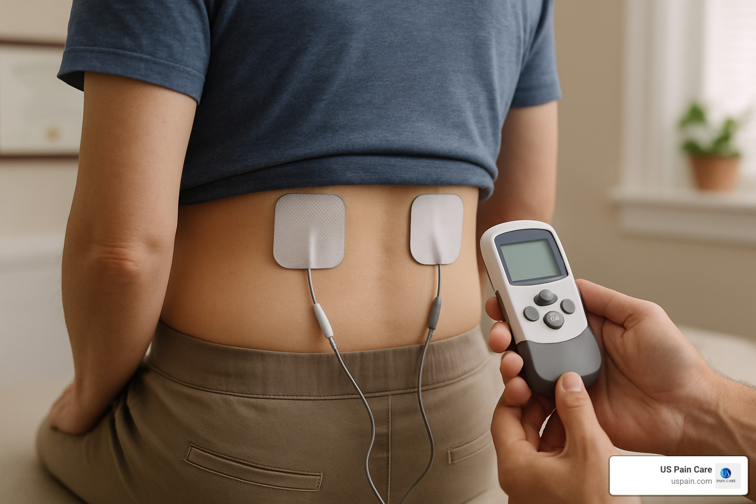 TENS unit being applied to a person's lower back for pain relief - non-opioid pain solutions TENS unit being applied to a person's lower back for pain relief - non-opioid pain solutions