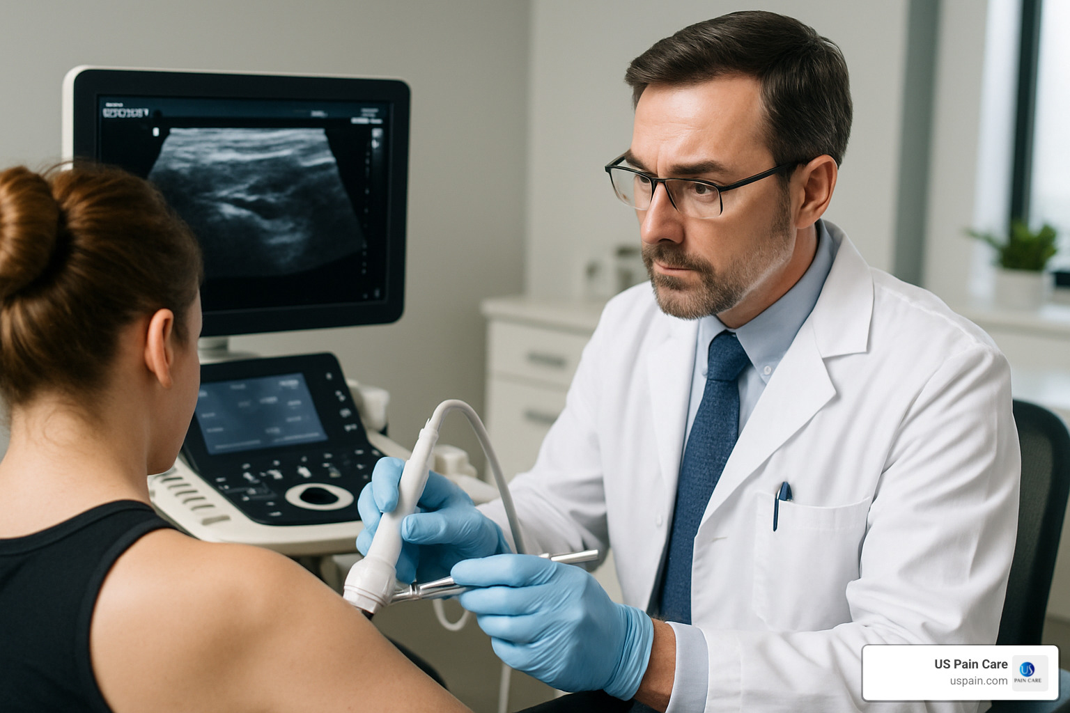 Physician performing ultrasound-guided injection for pain management - non-opioid pain solutions Physician performing ultrasound-guided injection for pain management - non-opioid pain solutions