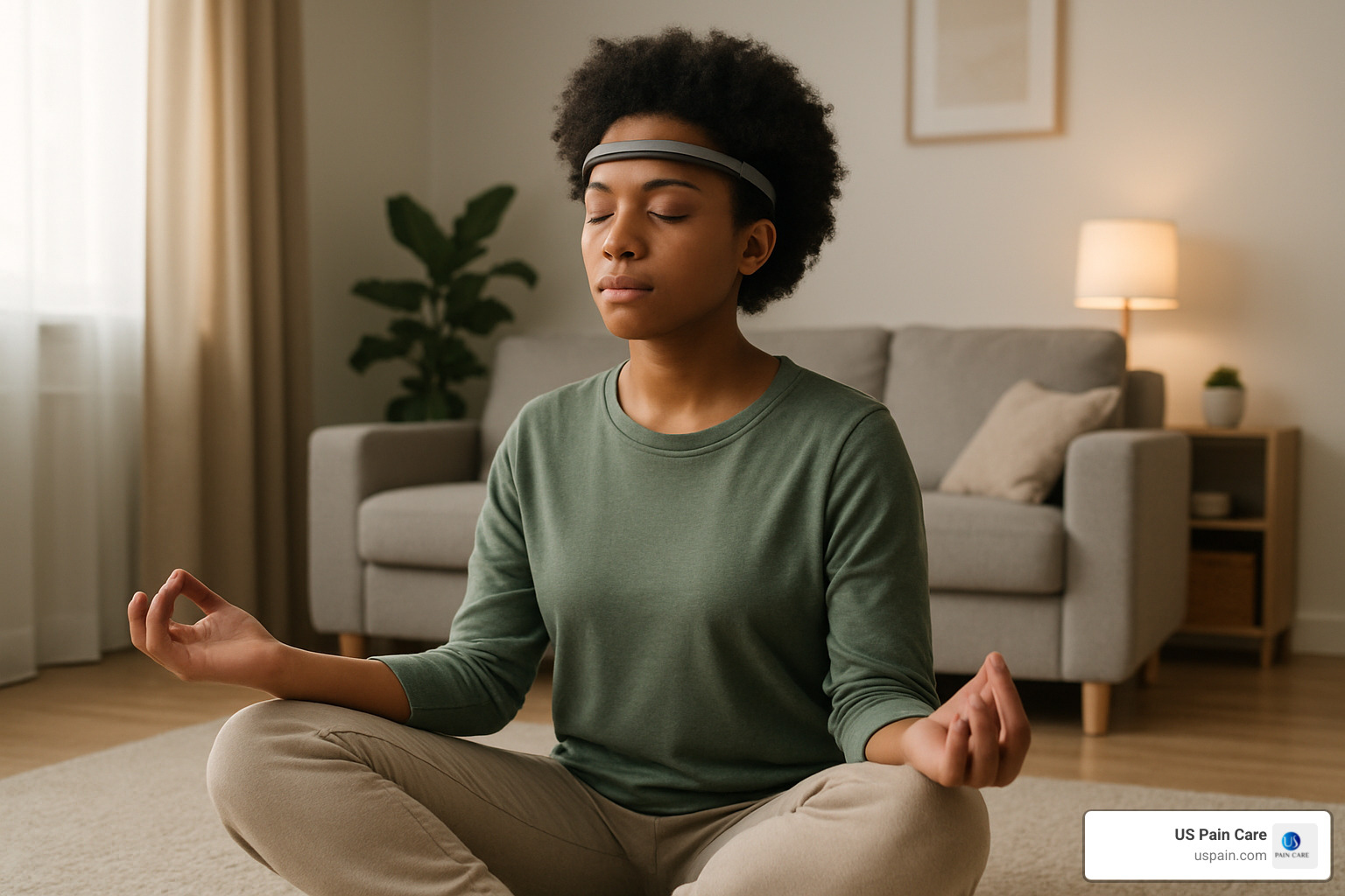 Person meditating while wearing a biofeedback device for pain management - non-opioid pain solutions Person meditating while wearing a biofeedback device for pain management - non-opioid pain solutions