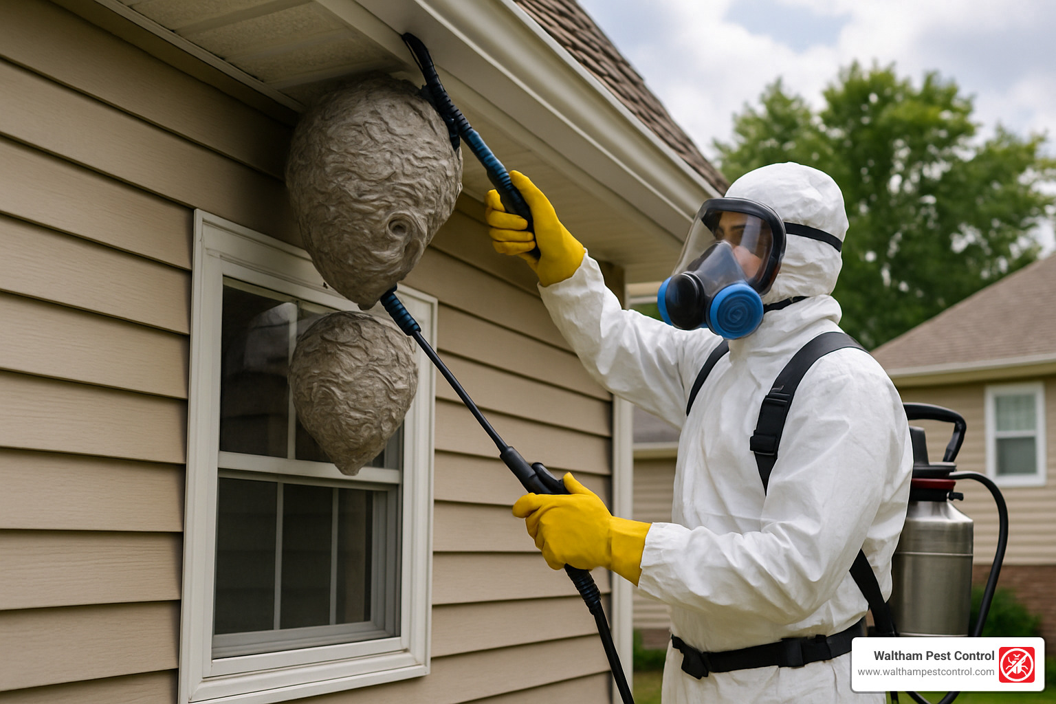 professional pest control technician removing hornets nest - bald faced hornets nest removal