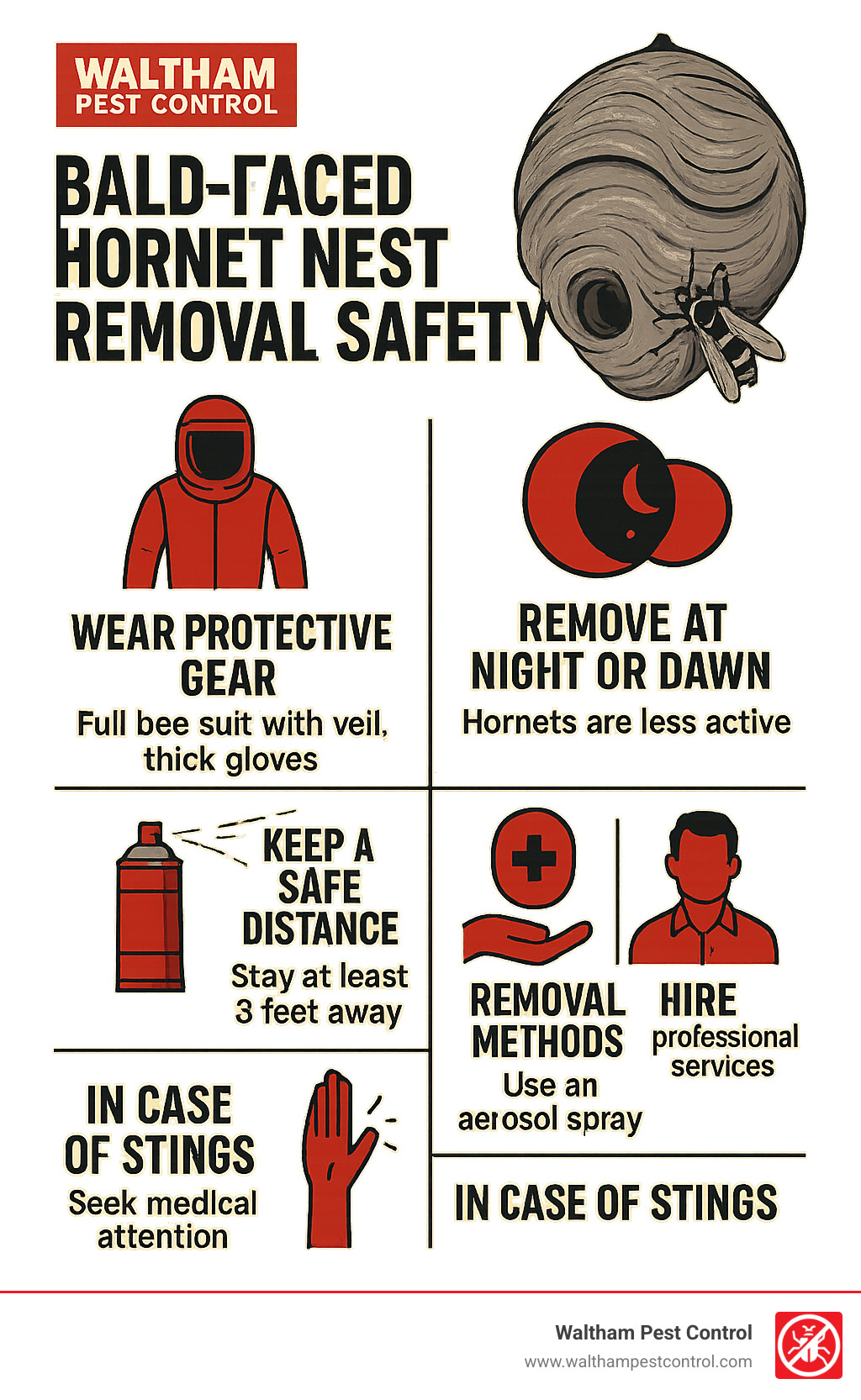 Bald-faced hornet nest removal safety infographic showing proper protective equipment, best removal times (night/dawn), safe distance (3+ feet), removal methods (aerosol spray/professional services), and emergency response for stings - bald faced hornets nest removal infographic 
