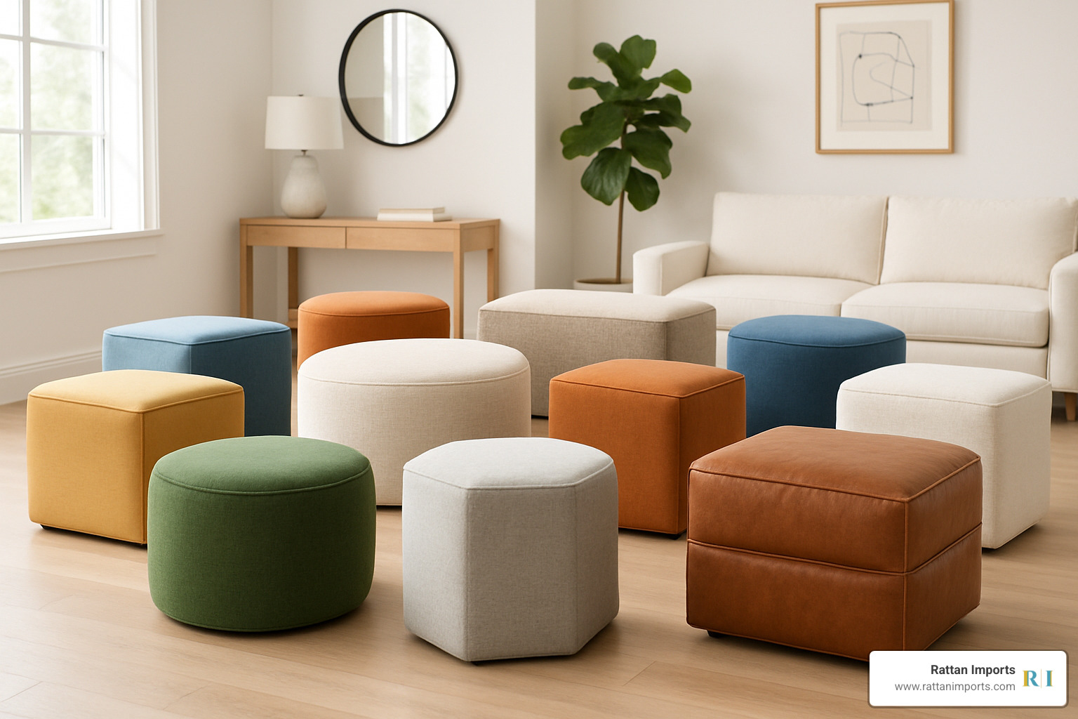 assorted ottoman stool shapes in showroom - ottoman stools