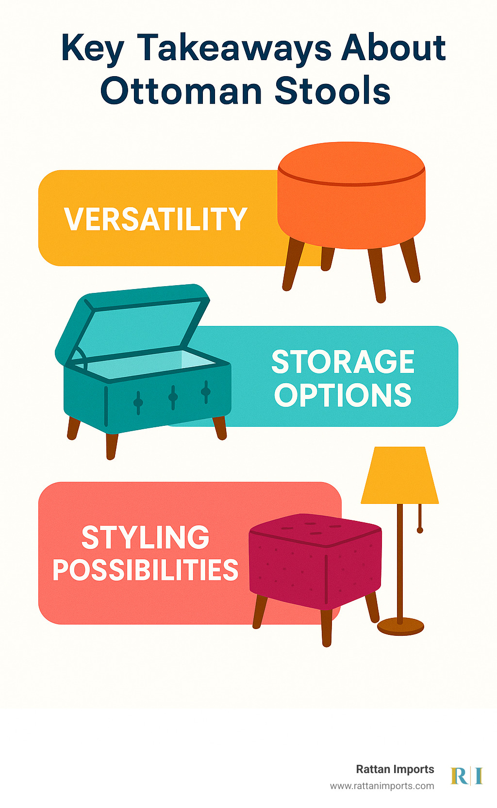 Key takeaways about ottoman stools showing versatility, storage options, and styling possibilities - ottoman stools infographic 