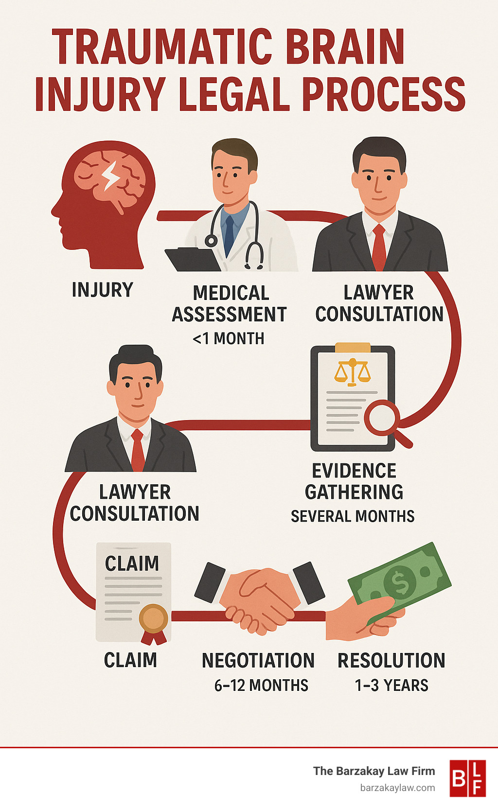 Traumatic Brain Injury Legal Process showing the progression from injury to compensation, including medical assessment, lawyer consultation, evidence gathering, claim filing, negotiation, and resolution phases, with timeline estimates for each stage - brain injury lawyer infographic 