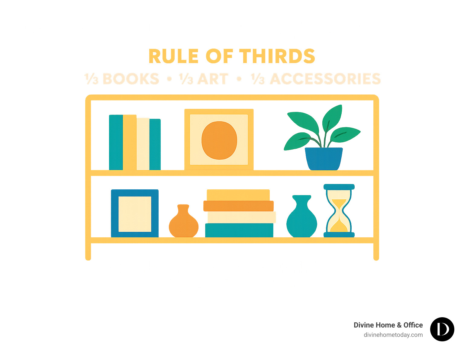 Modern bookshelf styling guide showing the rule of thirds with books, art and accessories arranged in balanced compositions - modern bookshelf decor infographic