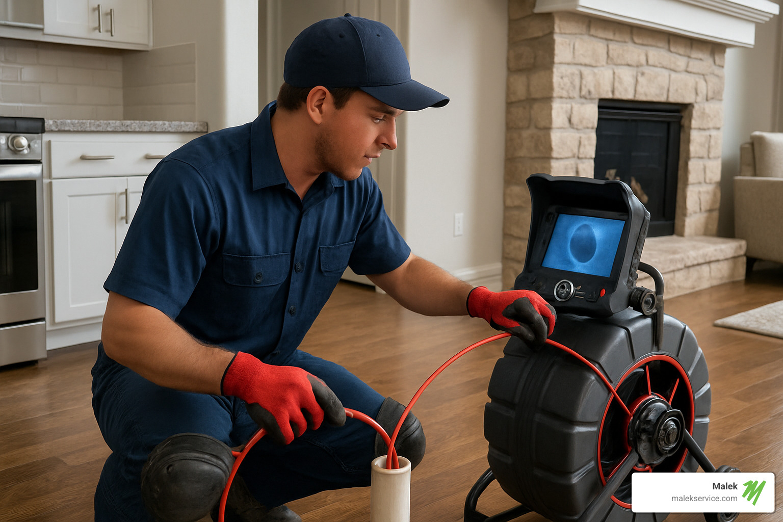 plumber using sewer camera in west houston home - plumbing maintenance services west houston