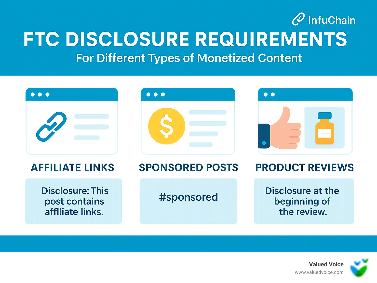Infographic showing FTC disclosure requirements for different types of monetized content, including affiliate links, sponsored posts, and product reviews, with examples of compliant disclosure language and placement guidelines - Make Money Blogging infographic 