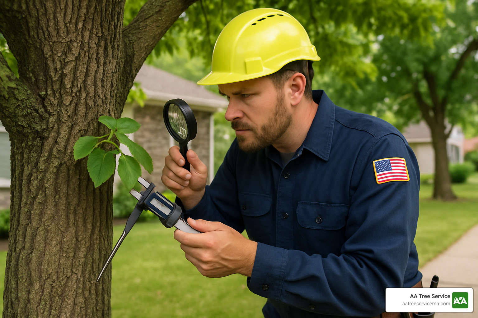 tree health inspection showing arborist examining tree leaves and bark - tree contractors near me