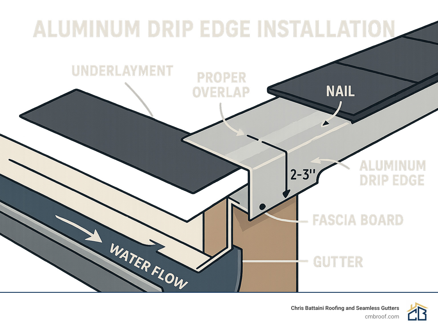 Detailed infographic showing aluminum drip edge installation with labeled parts including fascia board, underlayment placement, nail positioning, proper overlap technique, and how water flows off the roof edge into gutters - aluminum drip edge installation infographic 