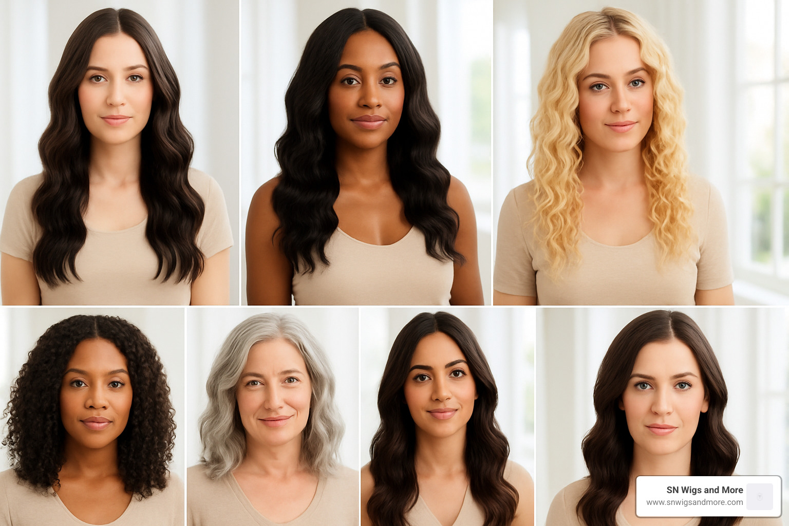 collage of seven different wavy human hair wigs in various styles - wavy human hair wigs