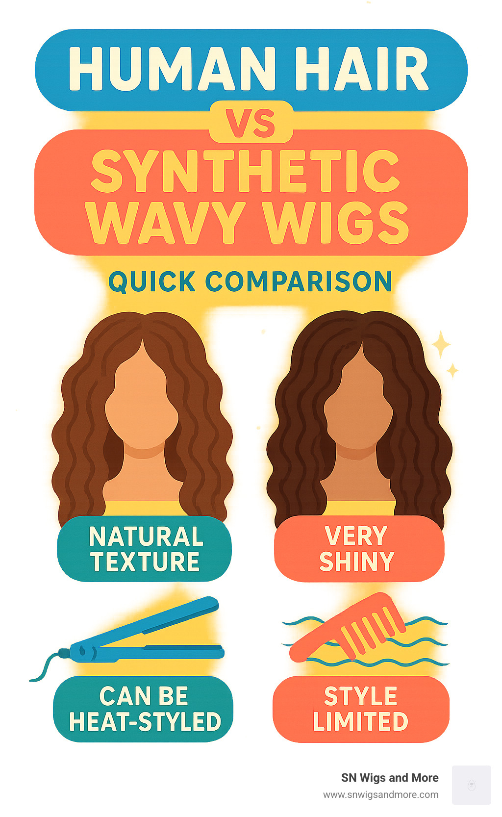 Comparison of human hair vs synthetic wavy wigs showing texture, shine, and styling differences - wavy human hair wigs infographic 
