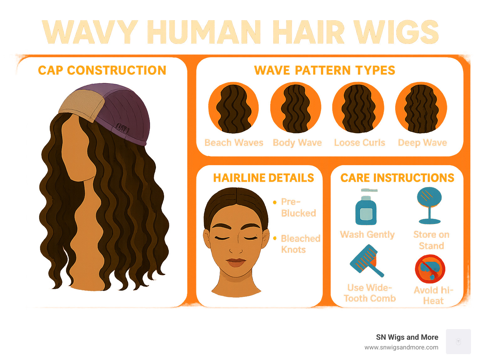 Anatomy of a wavy human hair wig showing cap construction, wave pattern types, hairline details, and care instructions - wavy human hair wigs infographic 