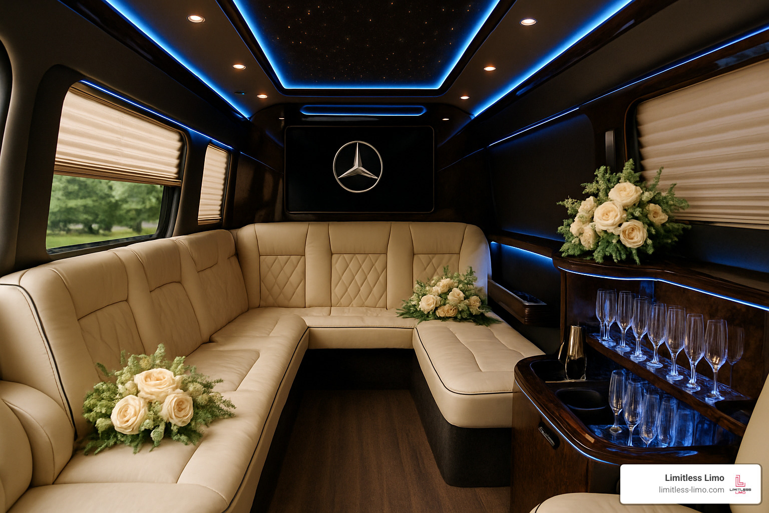 Mercedes Sprinter Limo interior - wedding day limousine service