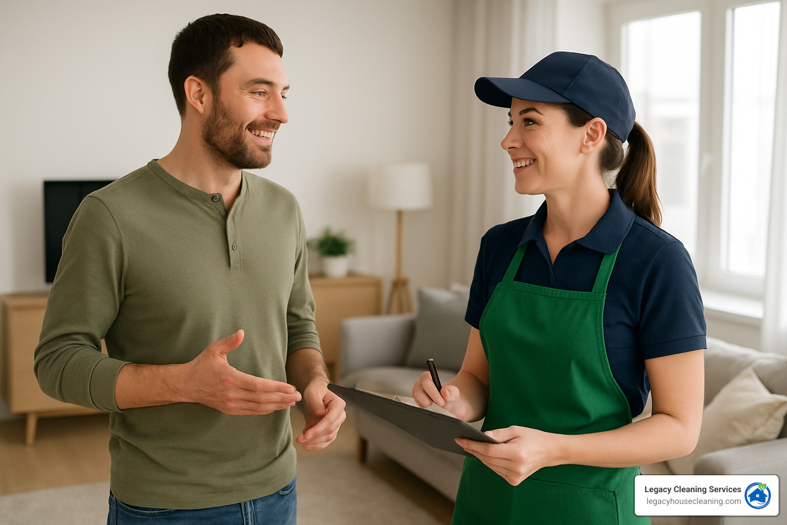 Sun Prairie homeowner meeting with Legacy Cleaning Services professional for consultation