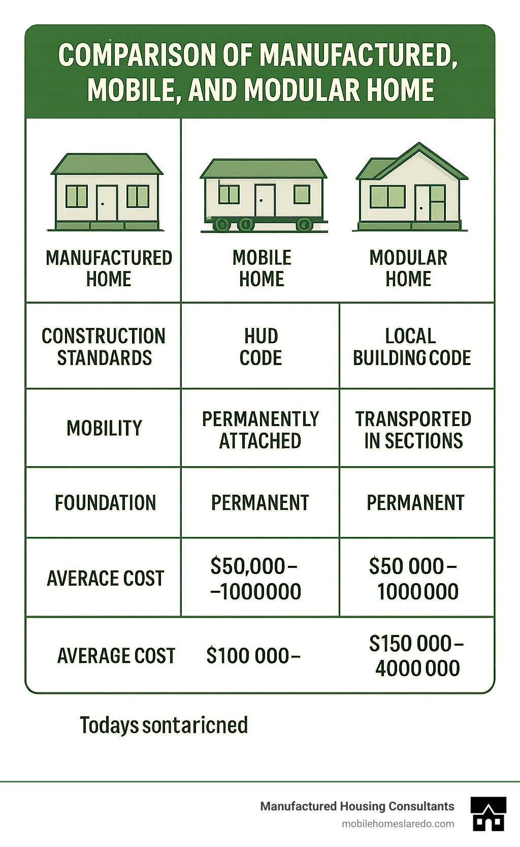 Comparison of manufactured, mobile and modular homes showing differences in construction standards, mobility, foundation requirements, and average costs - cheap manufactured homes for sale near me infographic  Comparison of manufactured, mobile and modular homes showing differences in construction standards, mobility, foundation requirements, and average costs - cheap manufactured homes for sale near me infographic