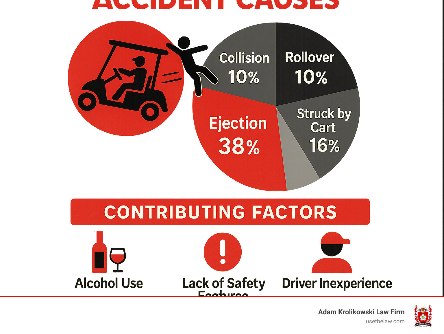 Golf cart accident causes infographic showing ejection (38%), collision (10%), rollover (10%), struck by cart (16%), and other causes (26%), with contributing factors including alcohol use, lack of safety features, and driver inexperience - golf cart accident statistics infographic 