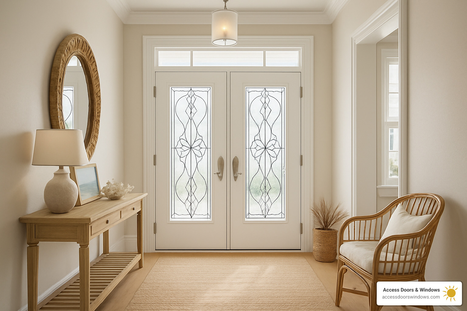 Hurricane impact French doors with decorative glass in neat coastal home entryway - hurricane impact doors