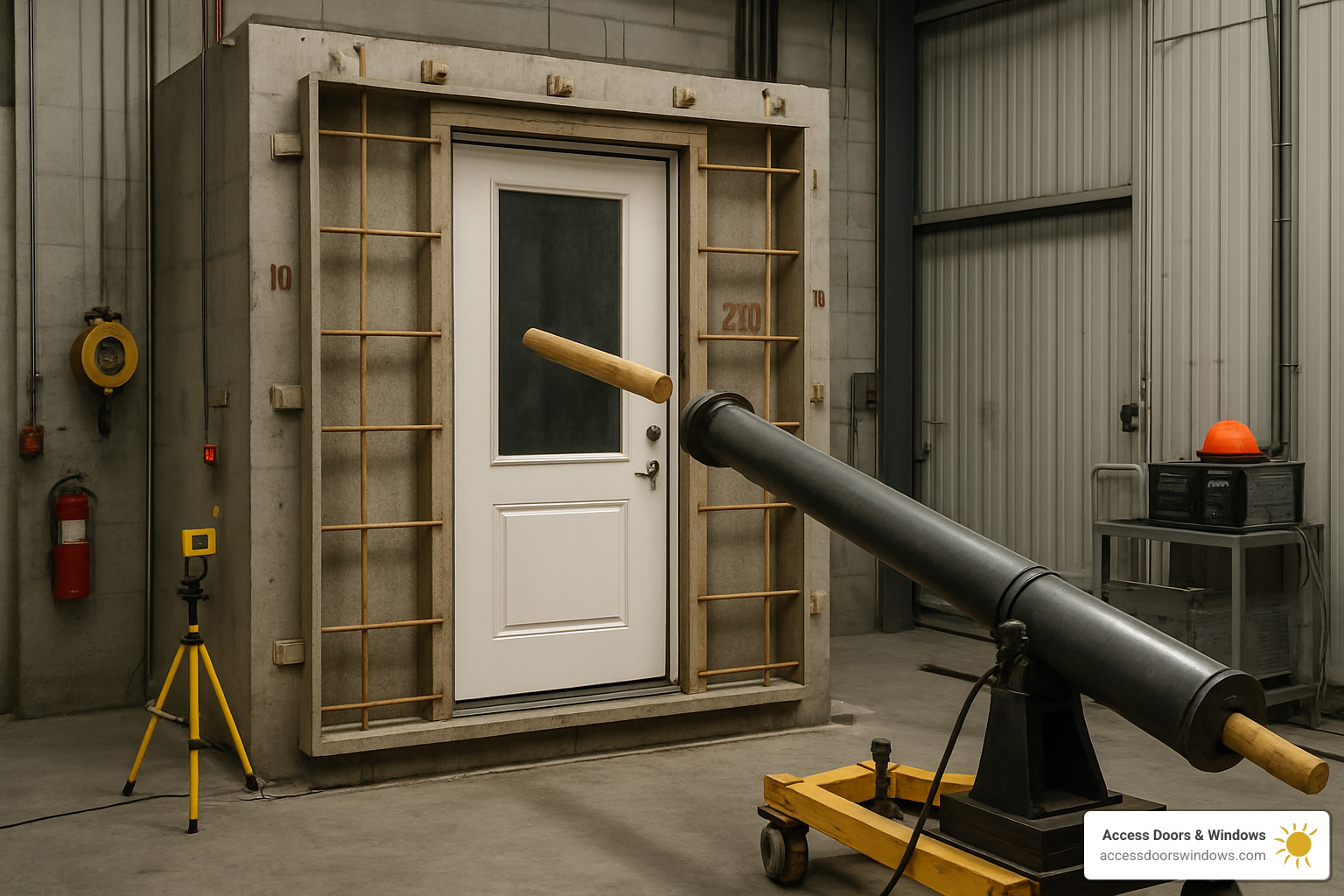 Hurricane impact testing laboratory with door sample mounted in test chamber and large missile launcher aimed at glass - hurricane impact doors