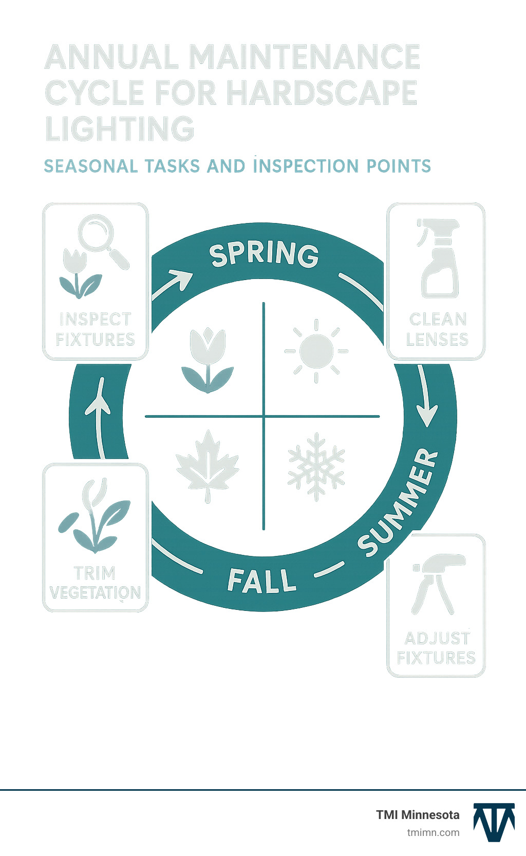Annual maintenance cycle for hardscape lighting showing seasonal tasks and inspection points - how to install hardscape lighting infographic Annual maintenance cycle for hardscape lighting showing seasonal tasks and inspection points - how to install hardscape lighting infographic