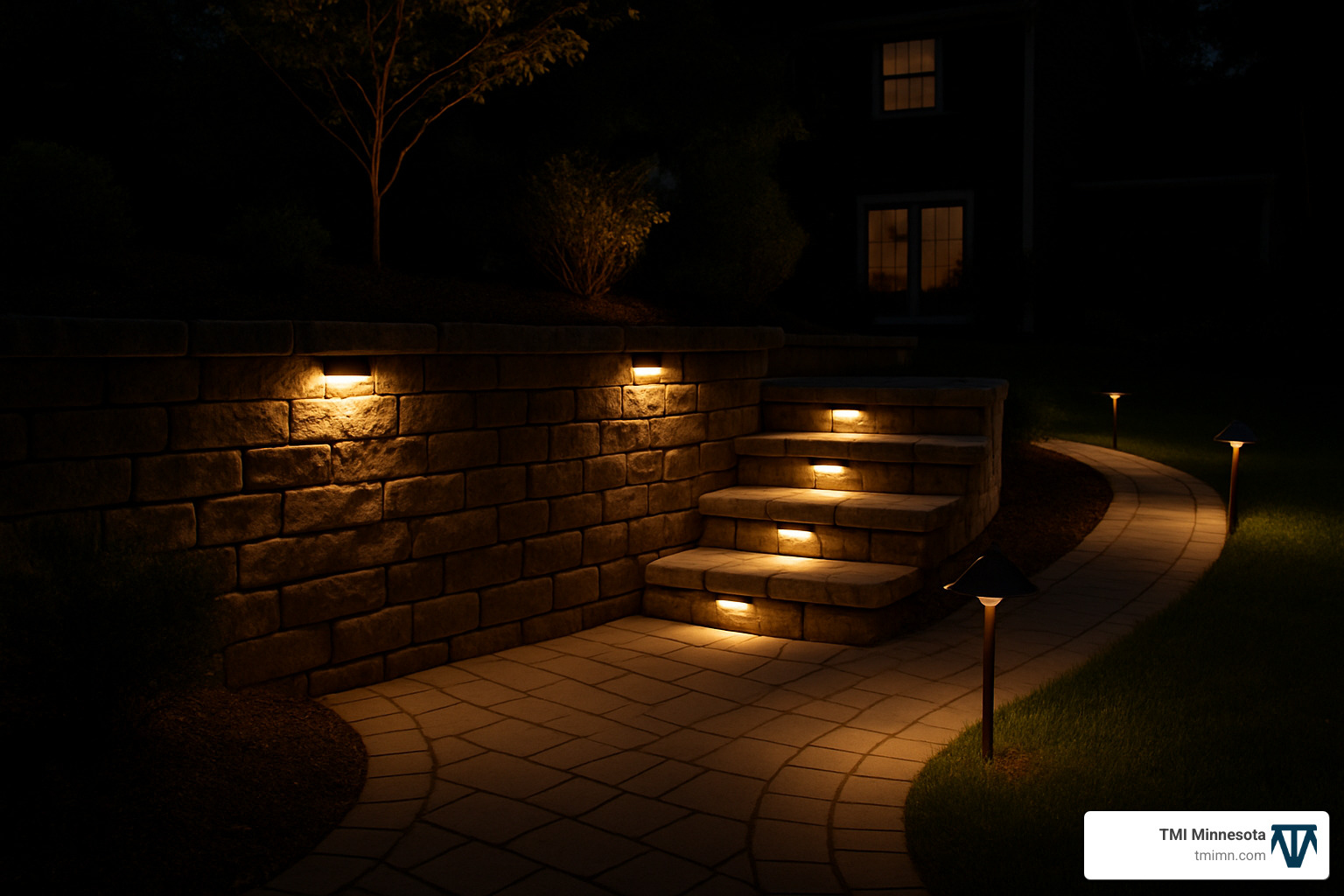layered hardscape lighting design showing wall lights, step lights and path lights - how to install hardscape lighting layered hardscape lighting design showing wall lights, step lights and path lights - how to install hardscape lighting