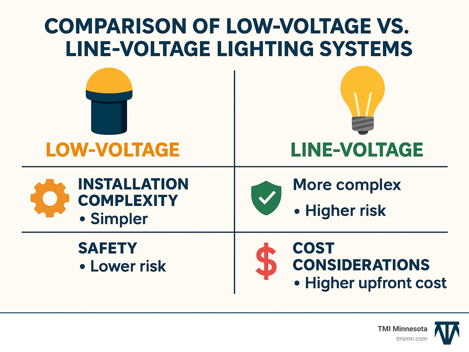 Comparison of low-voltage vs. line-voltage lighting systems showing installation complexity, safety factors, and cost considerations - how to install hardscape lighting infographic Comparison of low-voltage vs. line-voltage lighting systems showing installation complexity, safety factors, and cost considerations - how to install hardscape lighting infographic